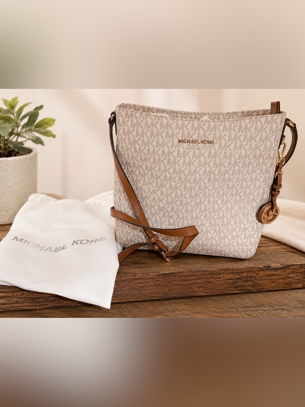 Michael Kors Beige Logo Crossbody with Brown Trim NWOT